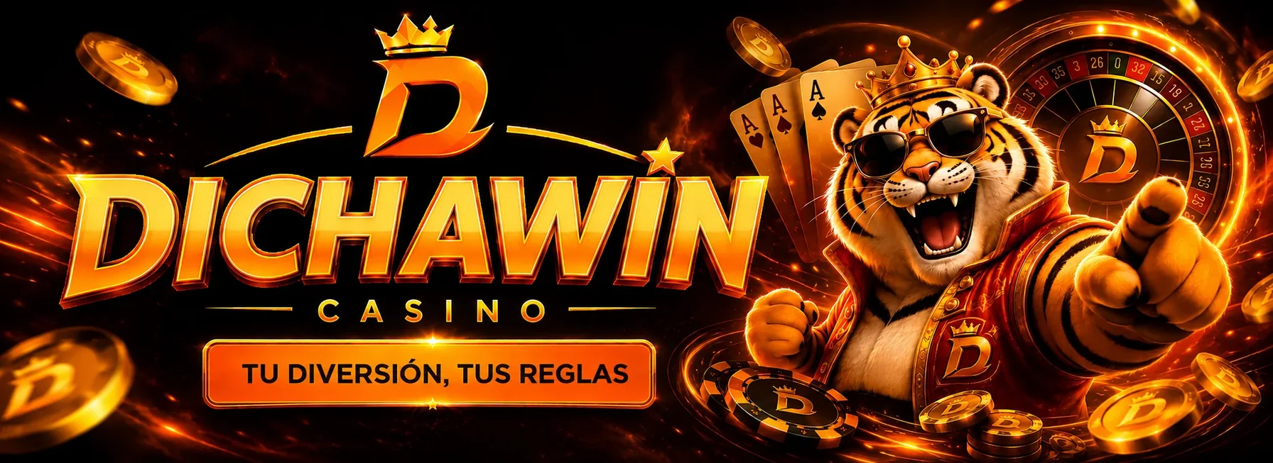 Banner de Dichawin Casino con el tigre de la marca y el bono de bienvenida de $12,000 MXN